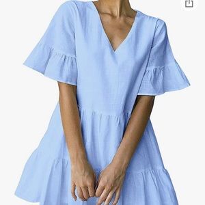 Shift Dress Pockets Bell flounce Sleeve Ruffle Hem V Neck Loose Swing Mini Dress